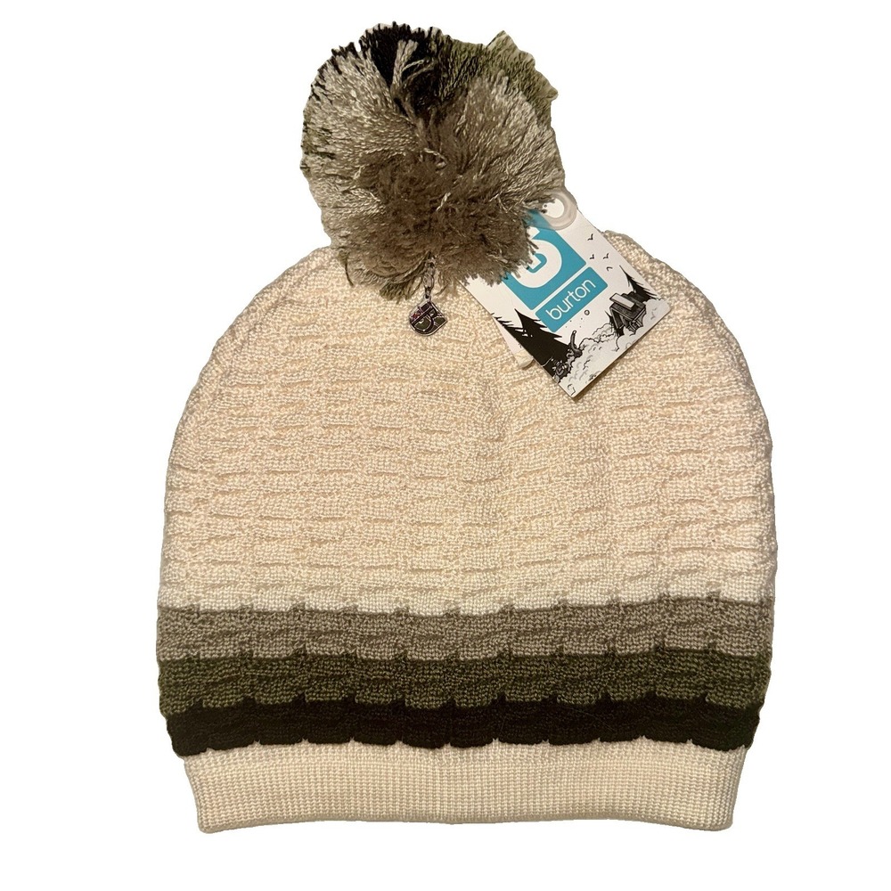 NWT Burton WMS Love Beanie Cream White Gray Stripe Wool Knit Pom Winter Hat O/S